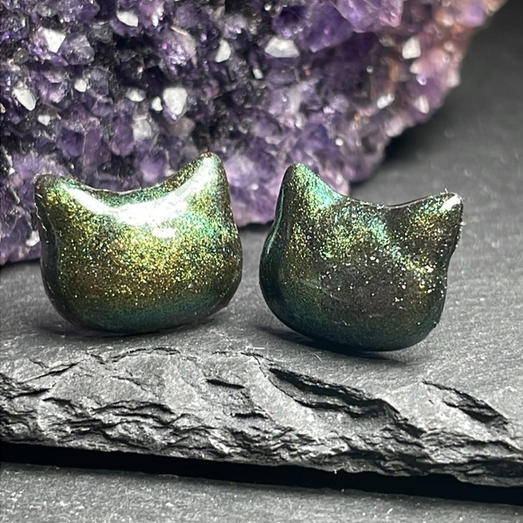 Custom Elegant Green Cat Hand Made Stud Post Earrings - Picture 7 of 11